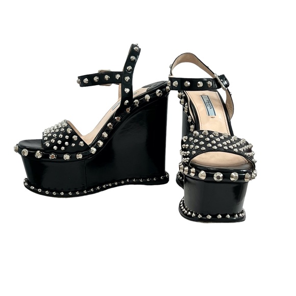PRADA BLACK SPAZZOLATO STUDDED PLATFORM SANDAL - Picture 11 of 16